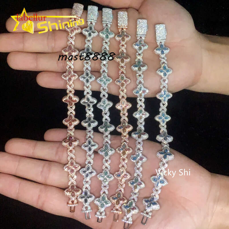 Hot Selling 15MM Sterling Sier Clover Bracelets Iced Out Hip Hop Infinity Colored Moissanite Cuban Bracelet