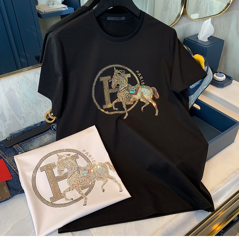 Pure cotton summer men's diamond-encrusted round-neck short-sleeved diamond-encrusted trendy men's half-sleeved T-shir 2025s hot