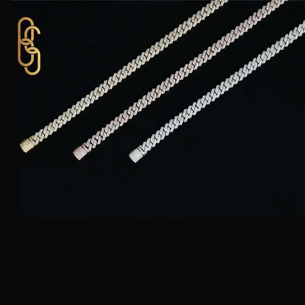 14mm Iced Out VVS Moissanite CZ Cuban Necklace Stock Bling 925 Silver Plated Moissanite CZ Hip Hop Men Jewelry Chain