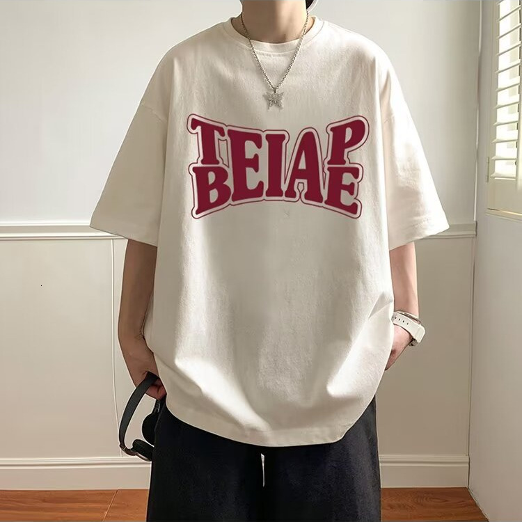 Heavyweight Hong Kong Style Short Sleeve T-shirt For Men 2025 Designer T-shirt Summer Trendy Loose Fit Oversized Letter Print Five-point Tee Top For M