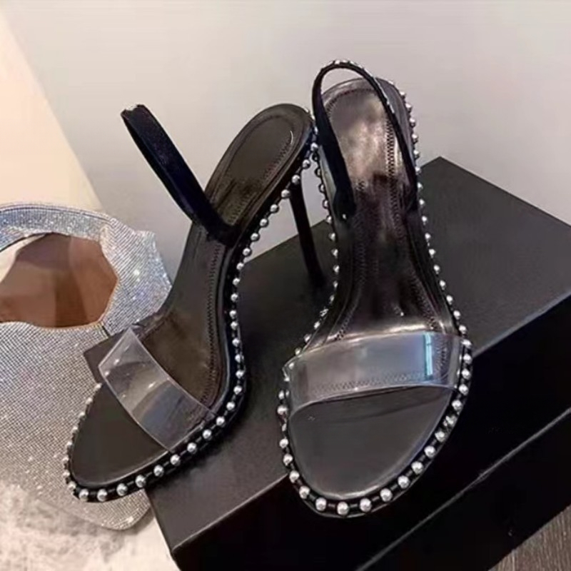 Women's Brand Sandals Versatile Stiletto Heels Rivets High Heels Transparent Shoe Upper