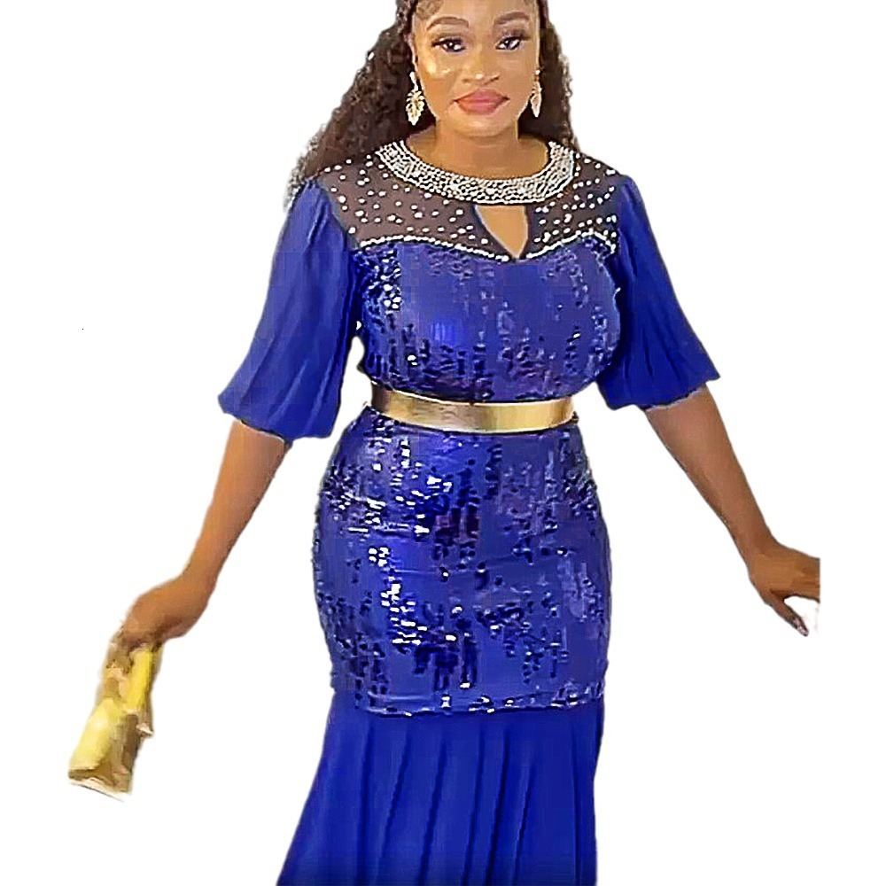 New womens plus size round neck rhinestone sequin banquet evening dress240921 ww