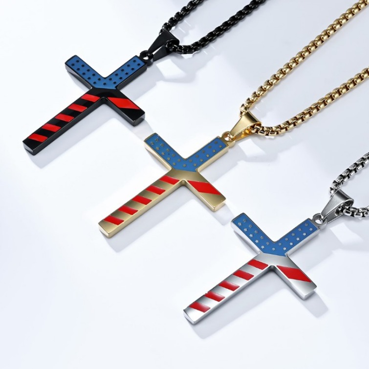 Non Tarnish Stainless Steel Cross Necklace America Stars Stripes Jesus Christ Religious Jejwelry Necklaces Men Hip Hop Jewelry Birthday Anniversary Gift