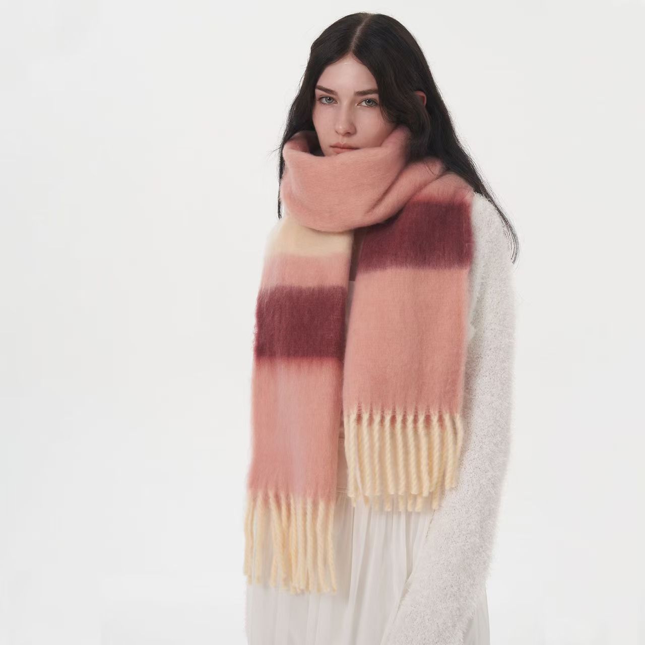 T1100 European and American Korean new fashion all-match thickened soft waxy striped splicing mohair cashmere plaid scarf for women winter