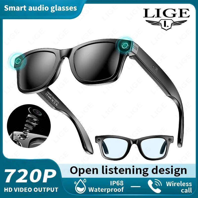 LIGE Camera Smart Music Glasses Make Receive Call Bluetooth Headset Recording Photo Recognition Anti Blue Light UV Sunglasses glasses with camera