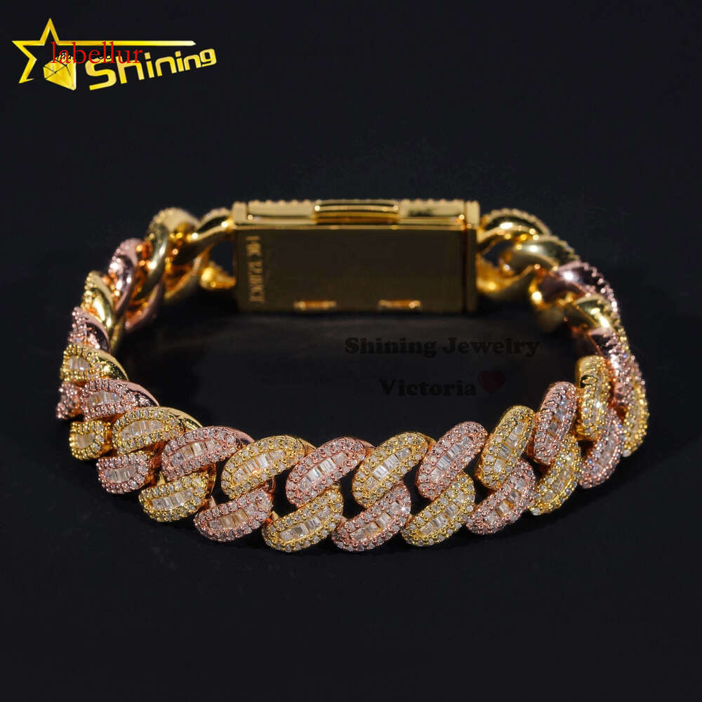 Hip Hop Iced Out Sterling Sier Rose Mix Yellow Gold 13MM Width Baguette Moissanite Cuban Link Chain Bracelet for Men