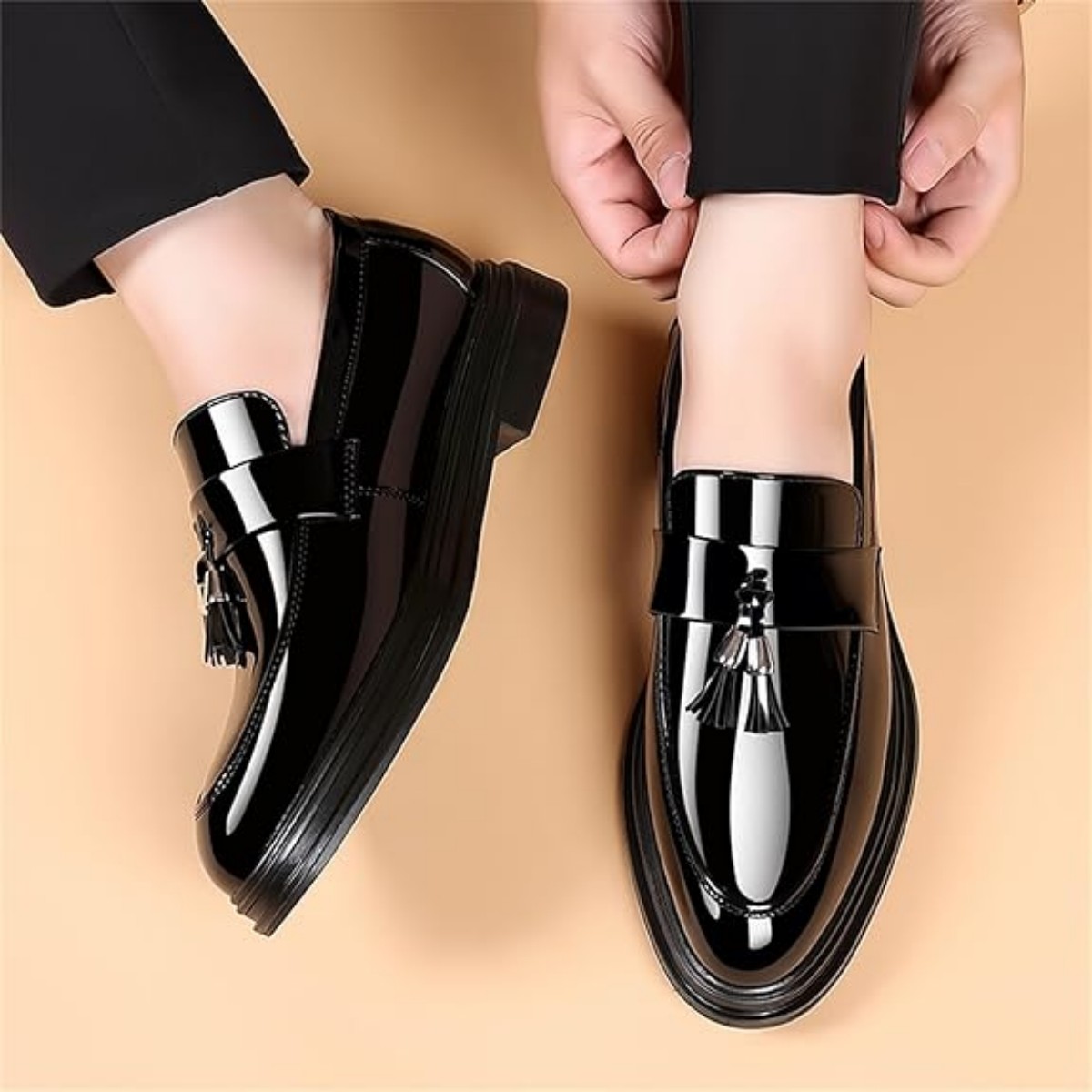 Men's Tassels High Gloss Patent Penny Slip On Loafers Fashion Formal Business Casual Oxford Dress Shoes For Men Father's Day Gift Black