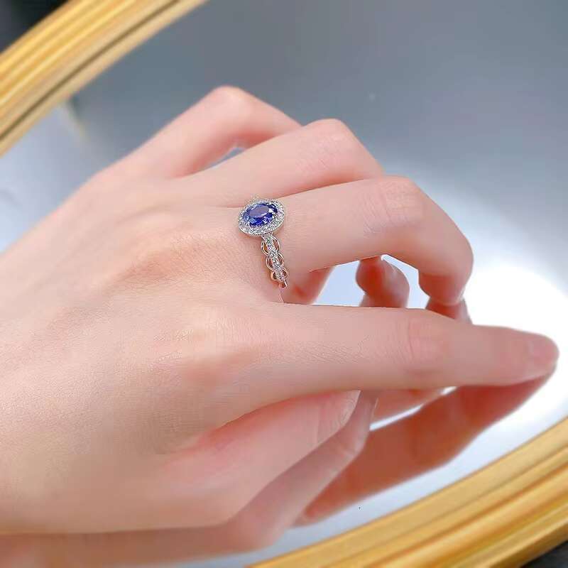 High Quality 925 Sterling Silver Royal Blue Color 1CT Oval Cut Moissanite Diamond 18K White Gold Plated Wedding Luxury Ring