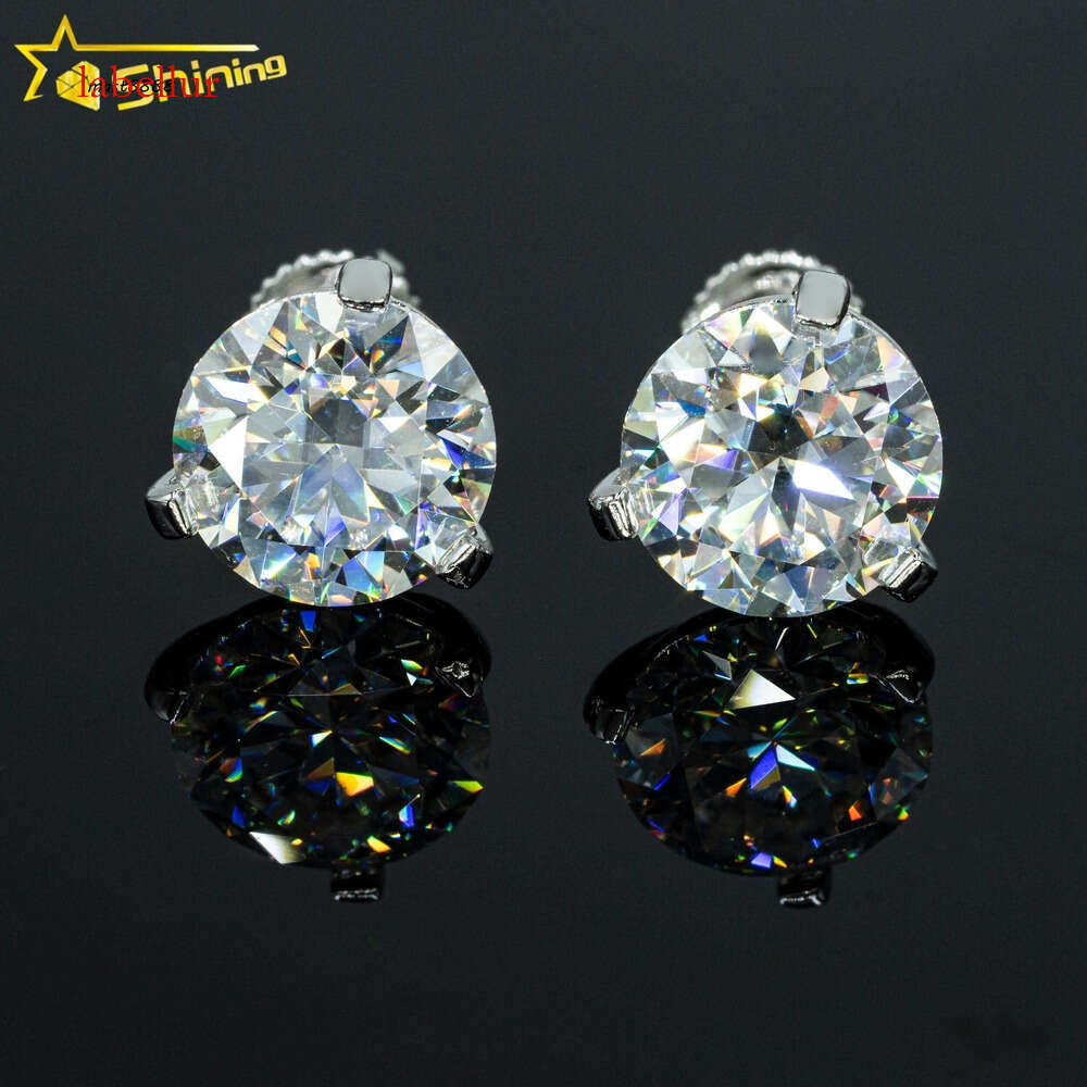 Earrings 3 Prong Setting 8mm Vvs Dia Sterling Sier Screw Back Ear Stud for Men and Women