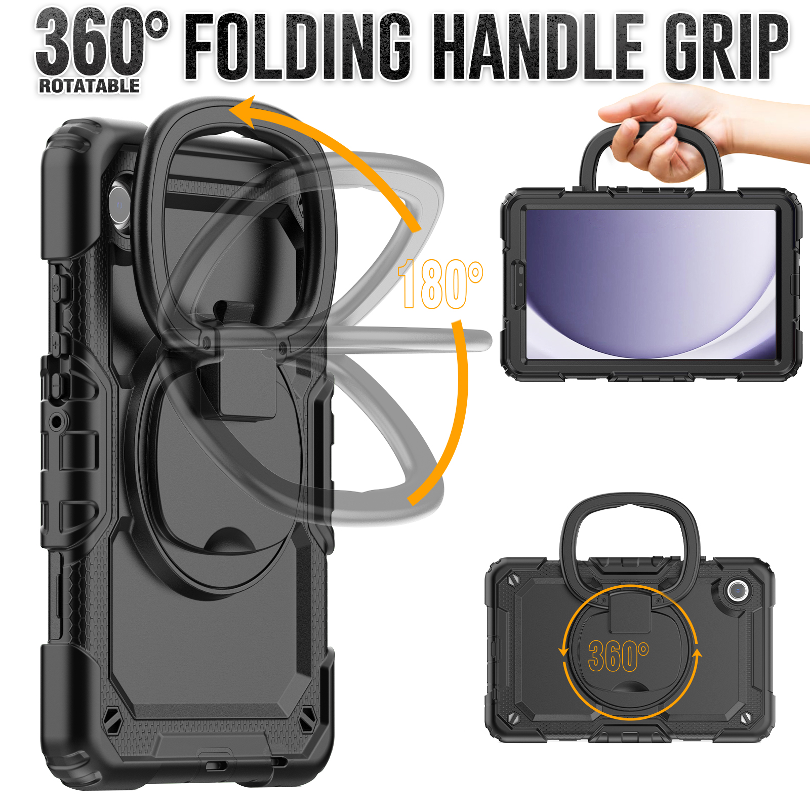 Case For Samsung Galaxy Tab A9 8.7 inch 2023 Pull Ring Handle 360 Rotating Stand Tablet Cover Rugged Silicone + PC Shockproof kids Safe Cases with Sho