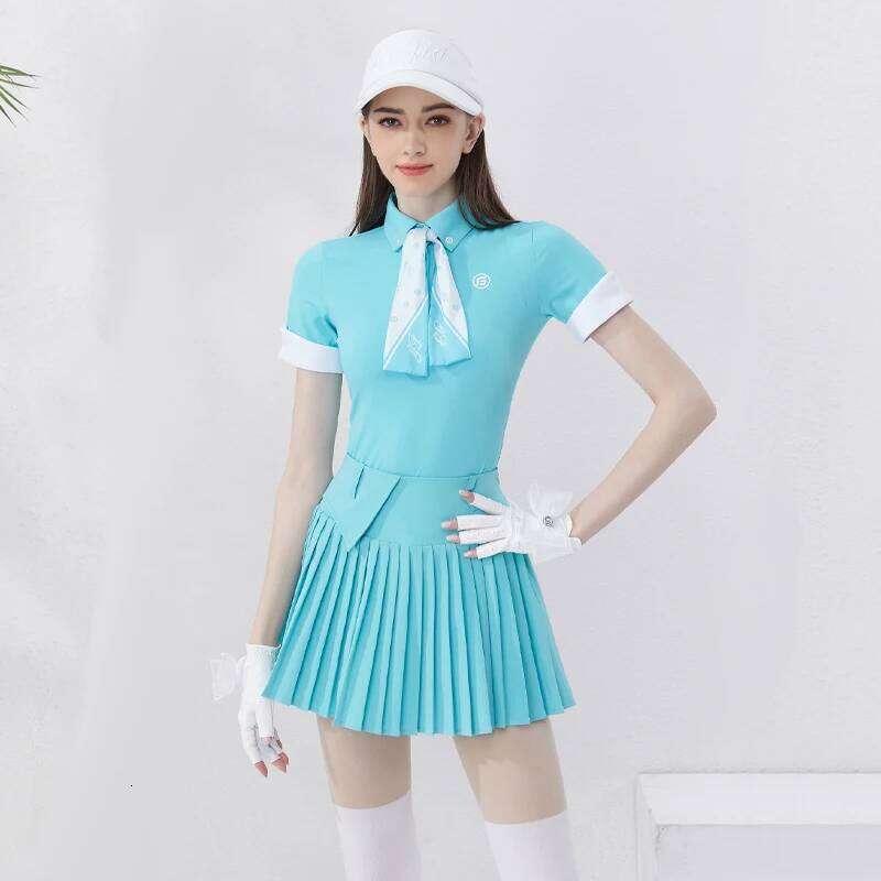 Women's Summer Polo Shirt Button Quick Dry Sports Tennis T-shirt Pleated Golf Skirt with Shorts Sportswear