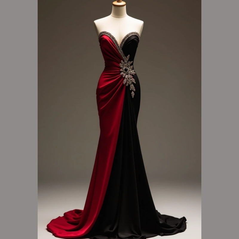 Dark Red And Black Mermaid Prom Dresses Contrast Color Sweetheart Gothic Evening Gown Satin Chic Special Occasion Dress