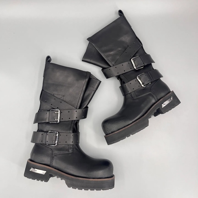 Unisex design genuine leather High boots retro motorcycle boots chunky block half boots leather with bimetallic buckle simple and trendy Designer Factory footwear