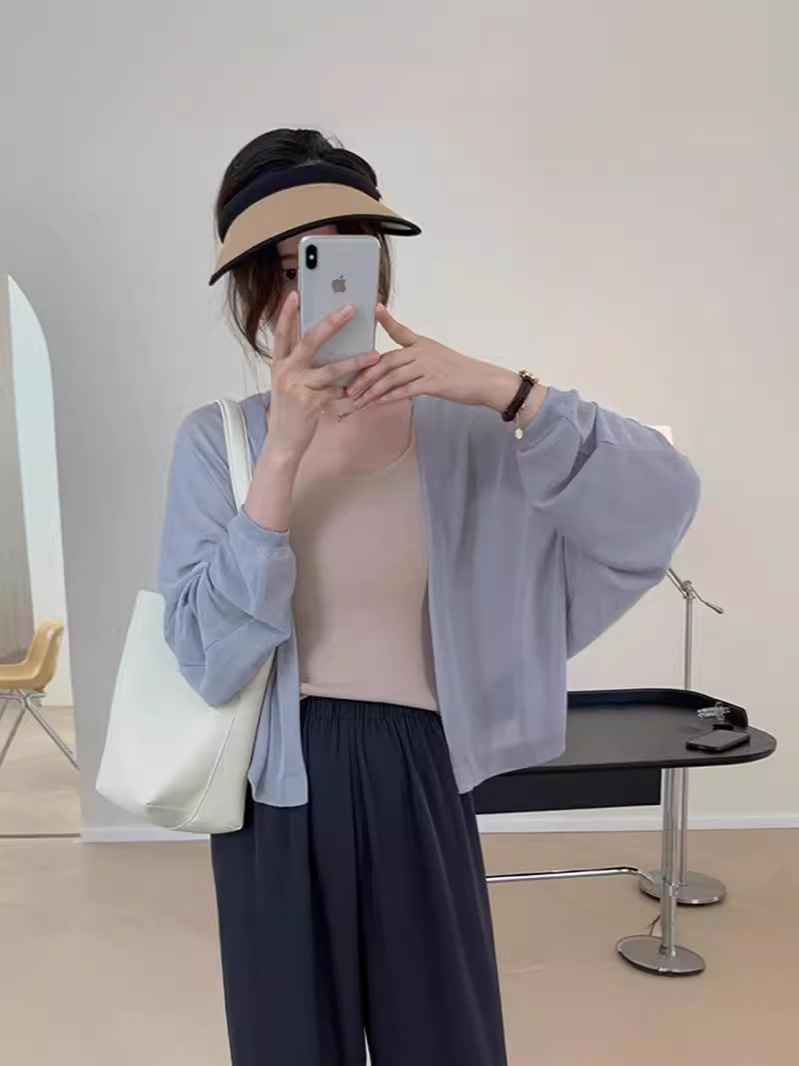 K1174 French lantern sleeve ice silk sunscreen knitted cardigan thin women's summer sling outer wear small shawl loose air-conditioning shirt