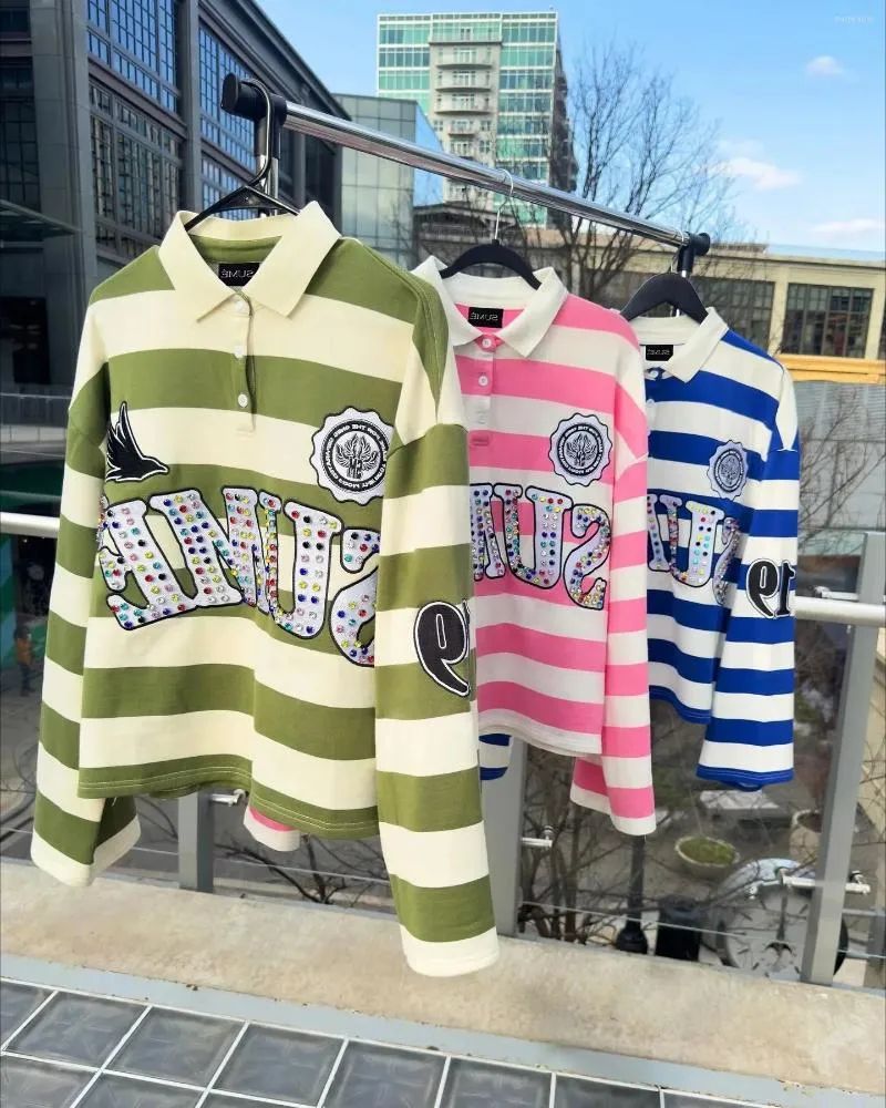 Mens T Shirts Harajuku Tops SUME Text Rhinestone Print Polo Long Sleeved Shirt Style Retro Striped Hip hop Street Collar