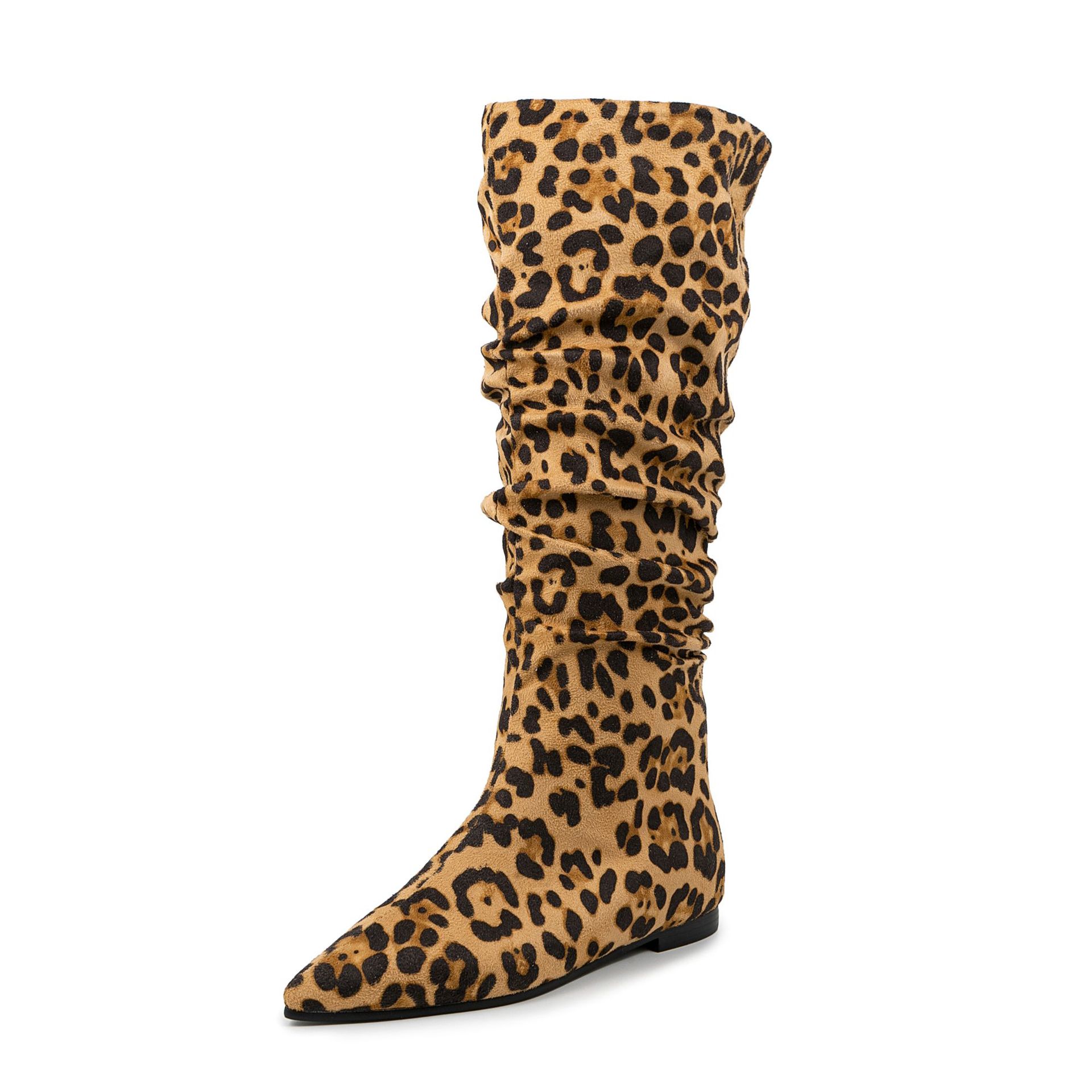 Women's Genuine Suede Leopard Print Crinkle Fold Boots - Pointed Toe Flat Mid-Calf Stacked Boots
