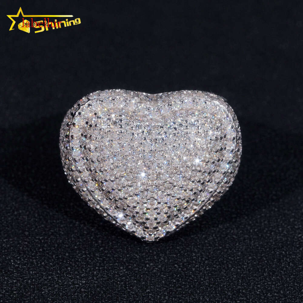 Ready to Ship Moissanite Mens Ring Sier Iced Out Heart Shape Hip Hop Rings