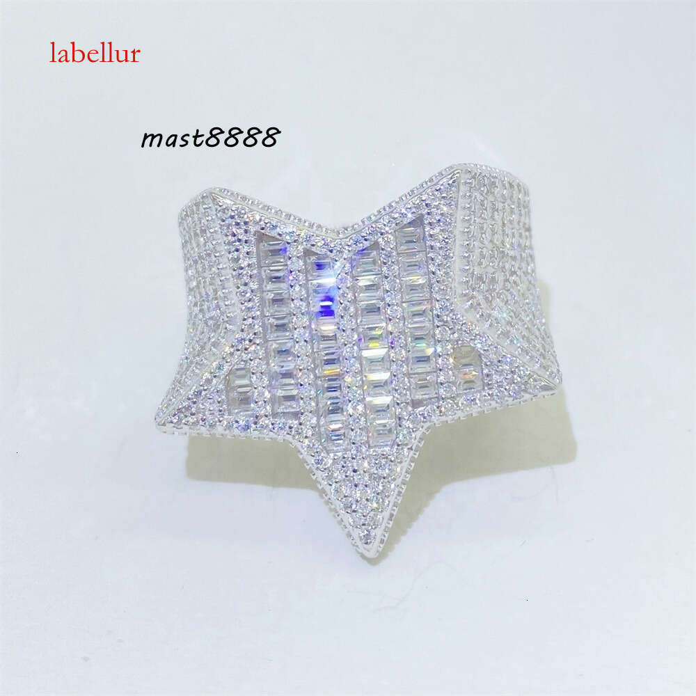 Ready to Ship Bling Sterling Sier Star Shape baguette Dia Moissanite Ring Hip Hop Iced Out Mens Rings
