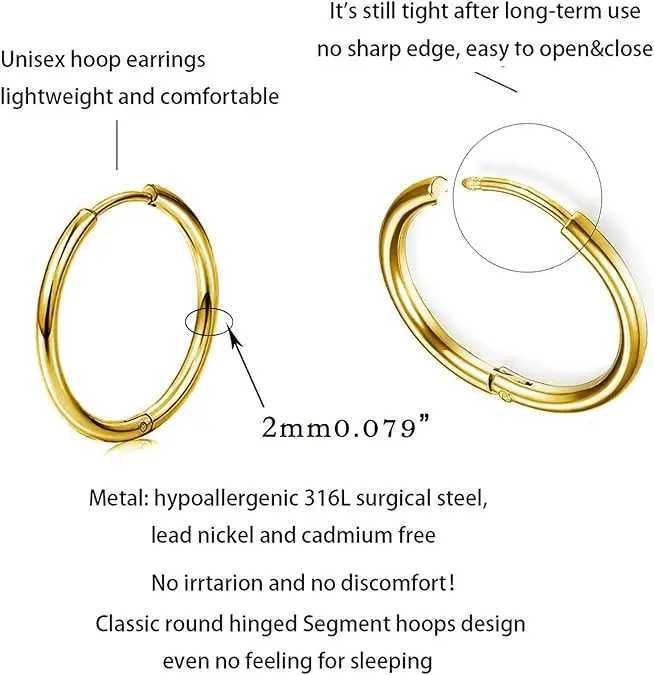 6/8/10/12mm Stainless Steel Huggie Hoop Earrings Set Stackable 18K Gold Plated Nose Ear Cartilage Piercing Tiny Hoops Sleeper XJ250630