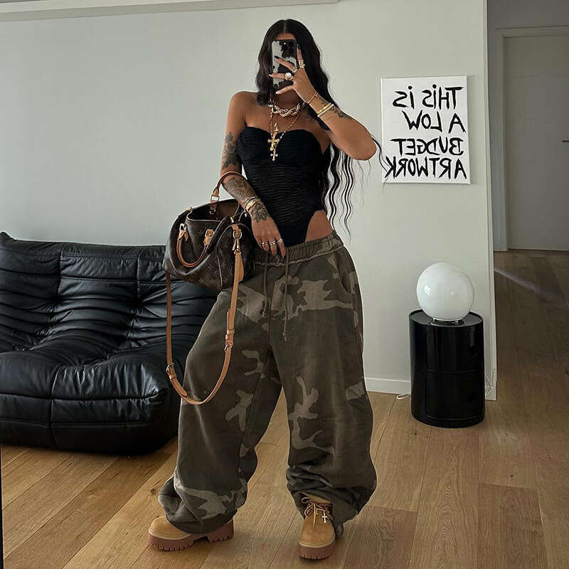 Women's Camouflage Color-Block Hooded Zip-Up Sweatshirt + Loose Oversized Sweatpants Casual Two-Piece Set B5