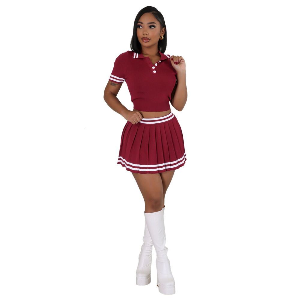 Womens Two Piece Dress Set 2025 New Fashion Color Contrasting Knitted Shirt Waist POLO Collar Short Sleeve Pleated Skirt 7 Colors