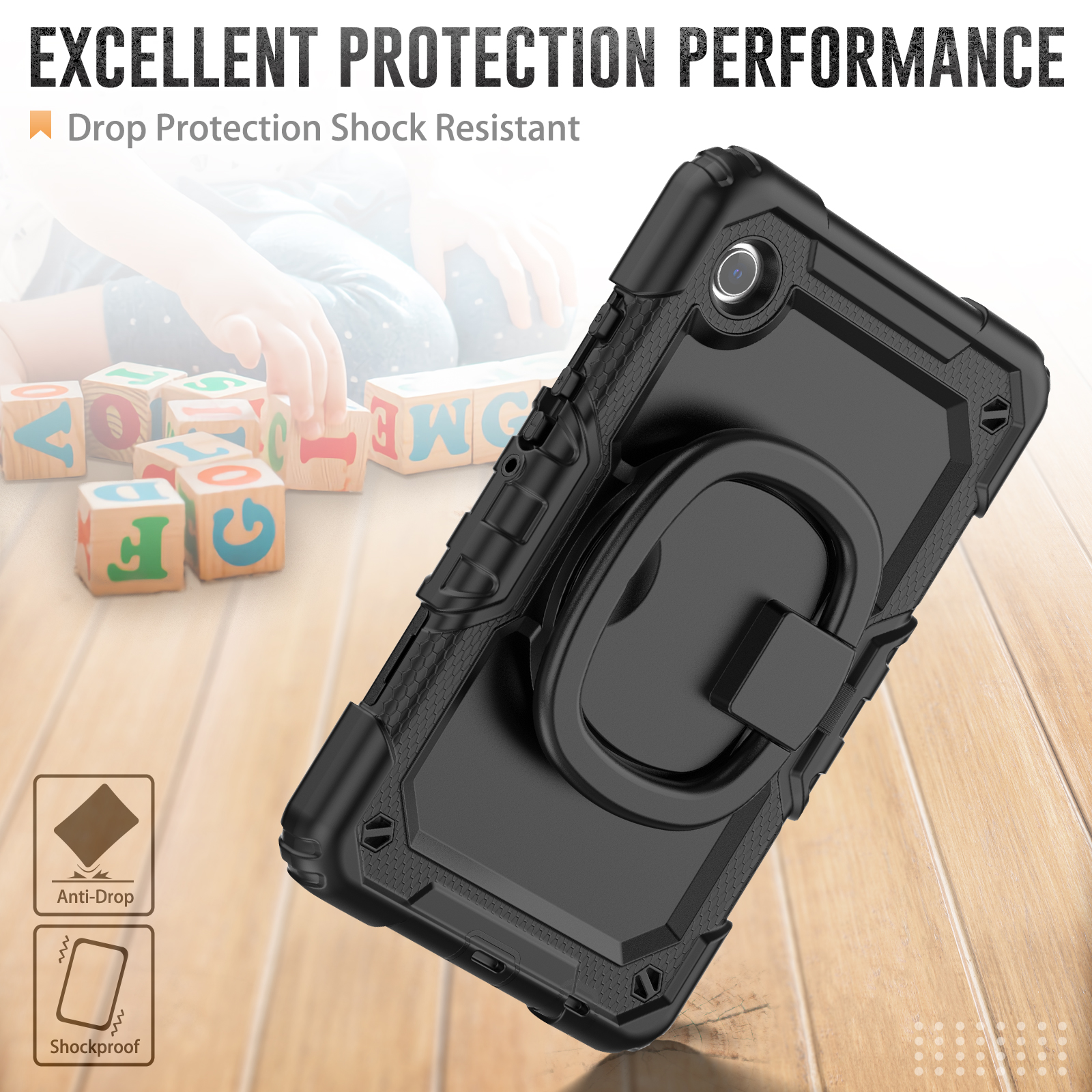 Case For Samsung Galaxy Tab A9 8.7 inch 2023 Pull Ring Handle 360 Rotating Stand Tablet Cover Rugged Silicone + PC Shockproof kids Safe Cases with Sho