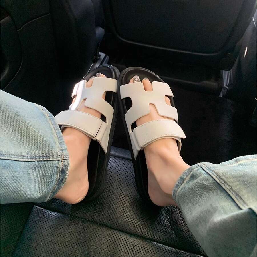 Trendy Niche Magic Tape Flat Sandals Summer Outdoor One-Strap Thick-Soled Uncle H Slippers for Women 2024 New Model