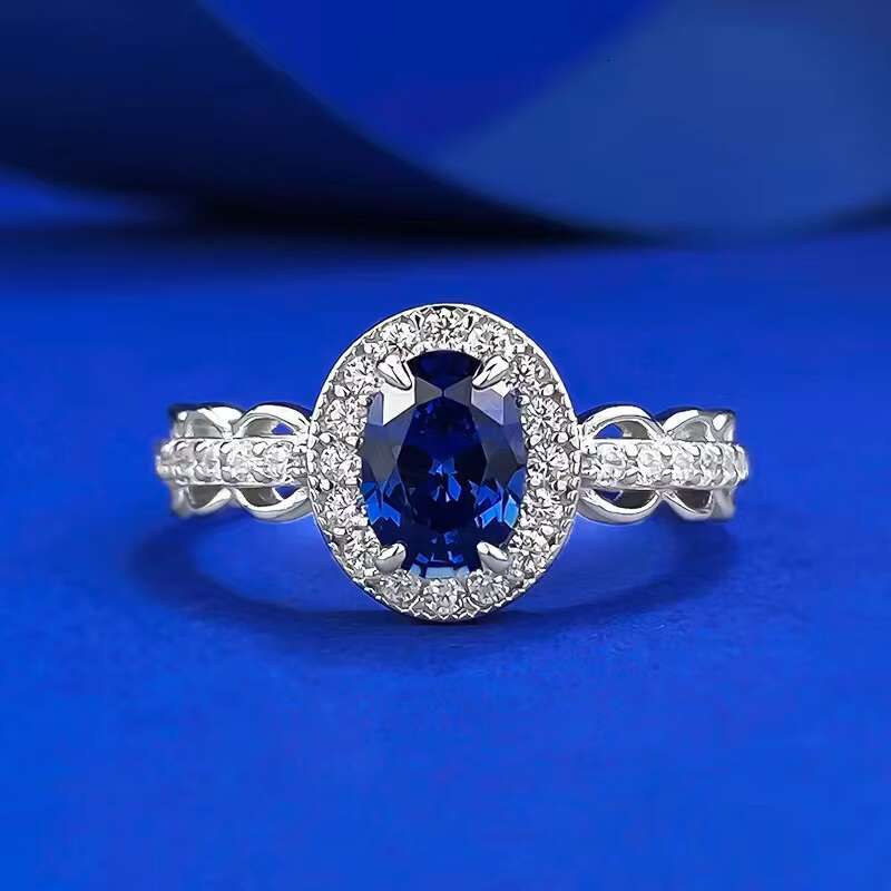 High Quality 925 Sterling Silver Royal Blue Color 1CT Oval Cut Moissanite Diamond 18K White Gold Plated Wedding Luxury Ring