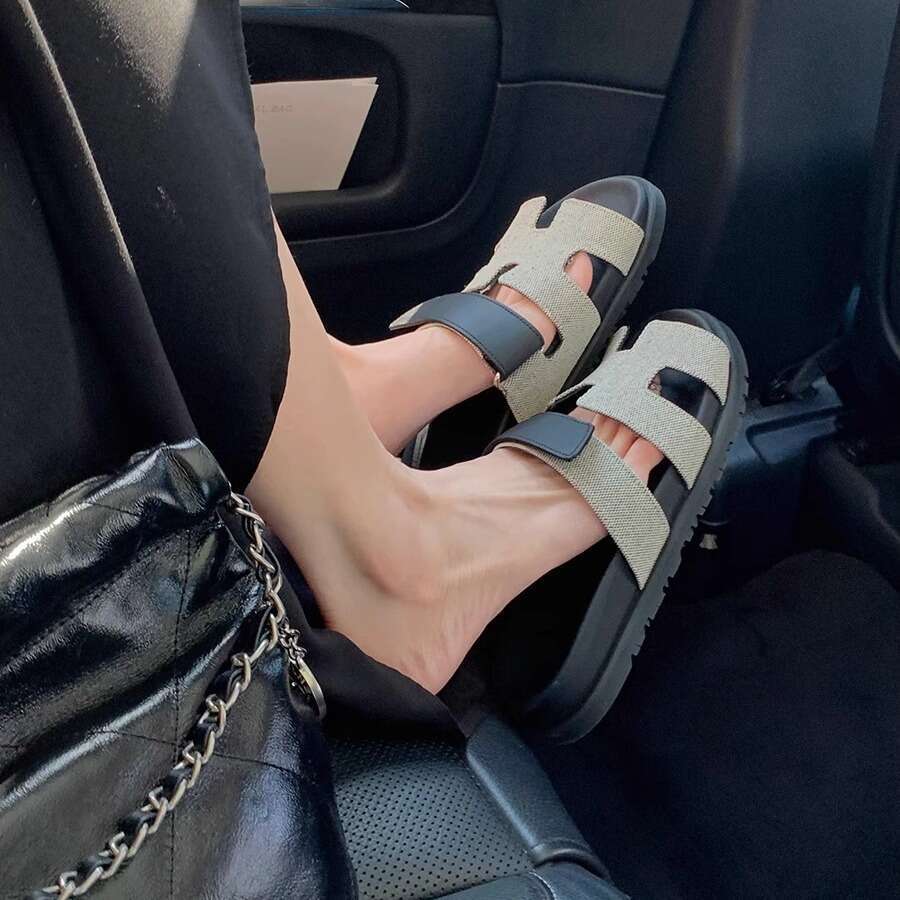 Trendy Niche Magic Tape Flat Sandals Summer Outdoor One-Strap Thick-Soled Uncle H Slippers for Women 2024 New Model