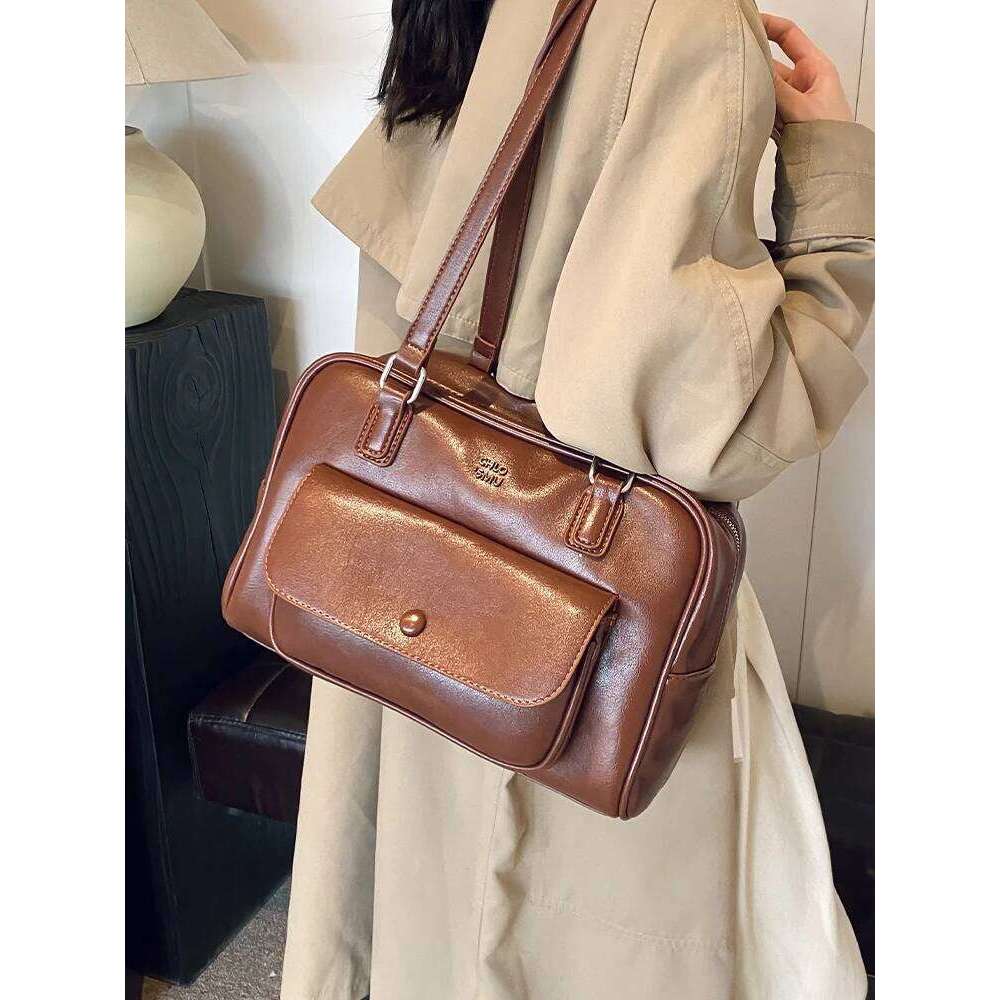 Ele Large Capaci Oulder For Women Retro Beau Pillar Commuter Bag Faionable Trendy Soft PU Leather Handbag