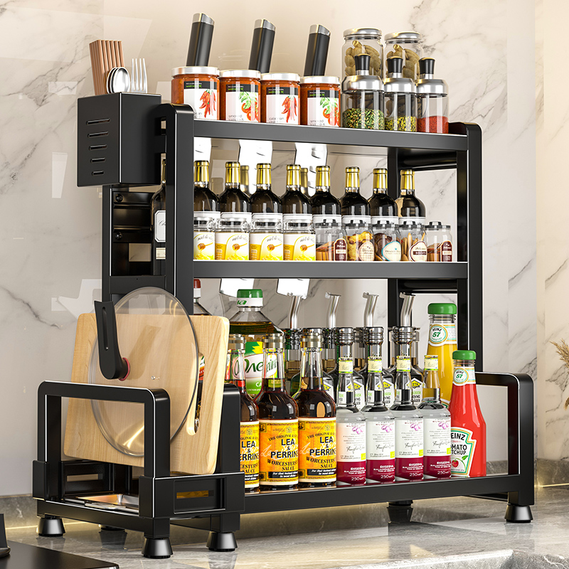 1 piece multi-layer steel kitchen storage rack set - Space-saving countertop storage, with hooks, cutlery rack, chop board rack