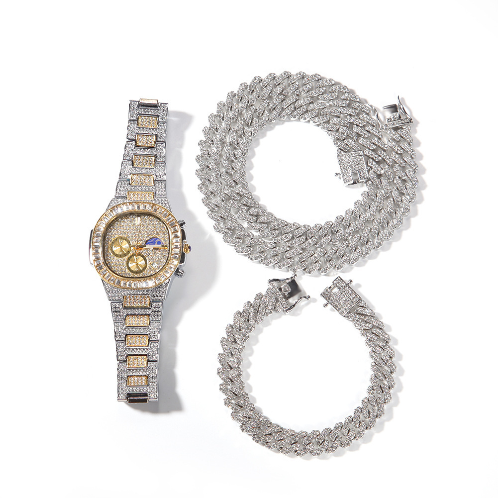 Luxury Jewelry VVS Moissanite New Fashion Iced Out Watch 12mm Gold Plated Necklace Bracelet Men's Hip Hop Jewelry Set Pass the diamond tester