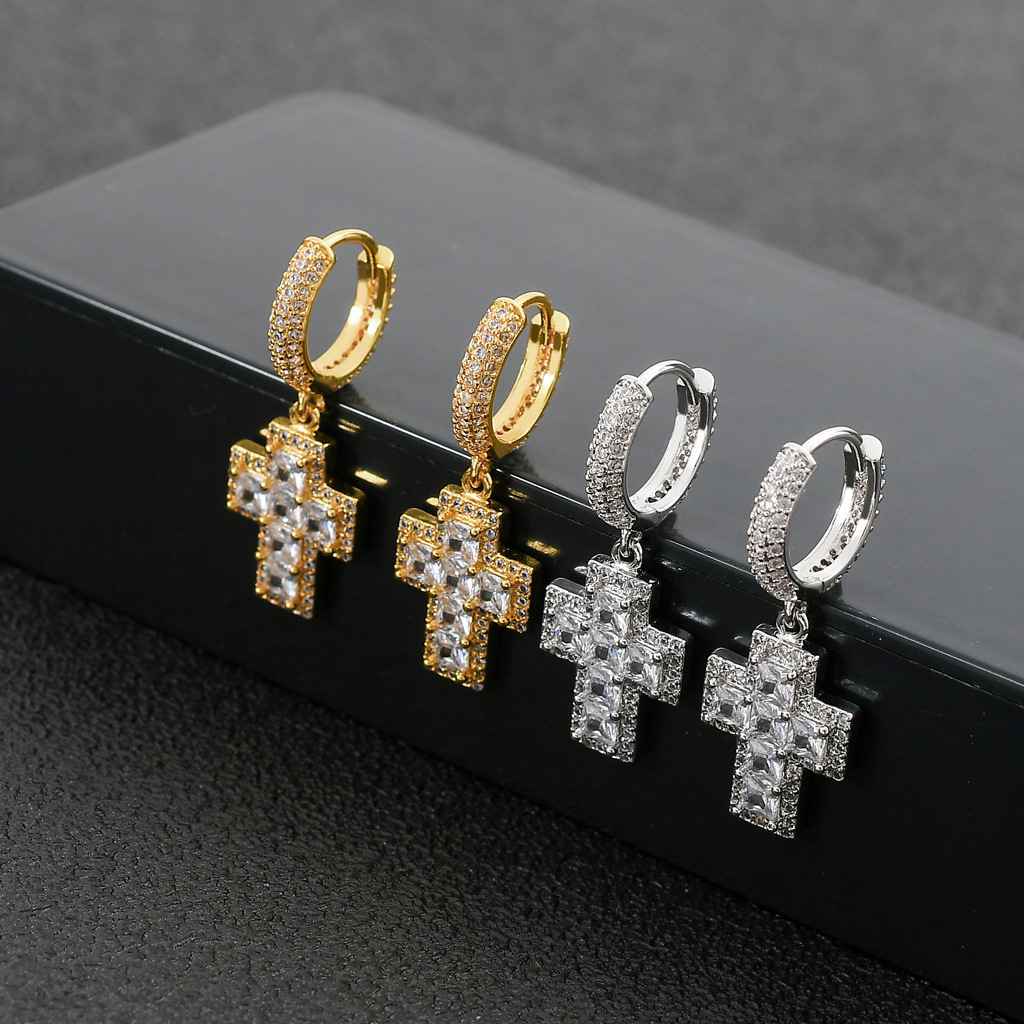 Luxury Jewelry Hip Hop Moissanite Cross Dangle Hoop Earrings Iced Out Bling Bling Premium Unisex Unique Trendy Earrings Pass the diamond tester