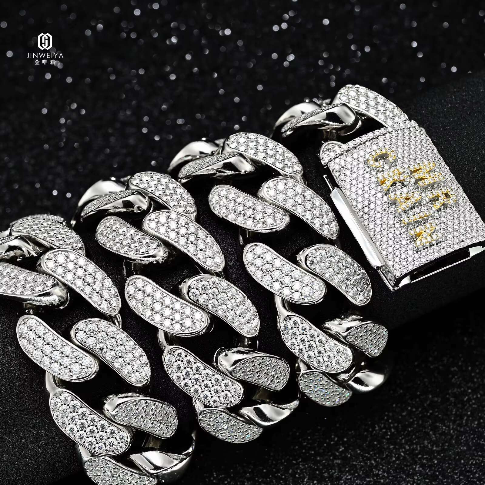 Hip Hop Cuban Chain 24mm 3rows VVS Moissanite Diamond Rose Gold White Gold Plated Necklace Cuban Mens Chain