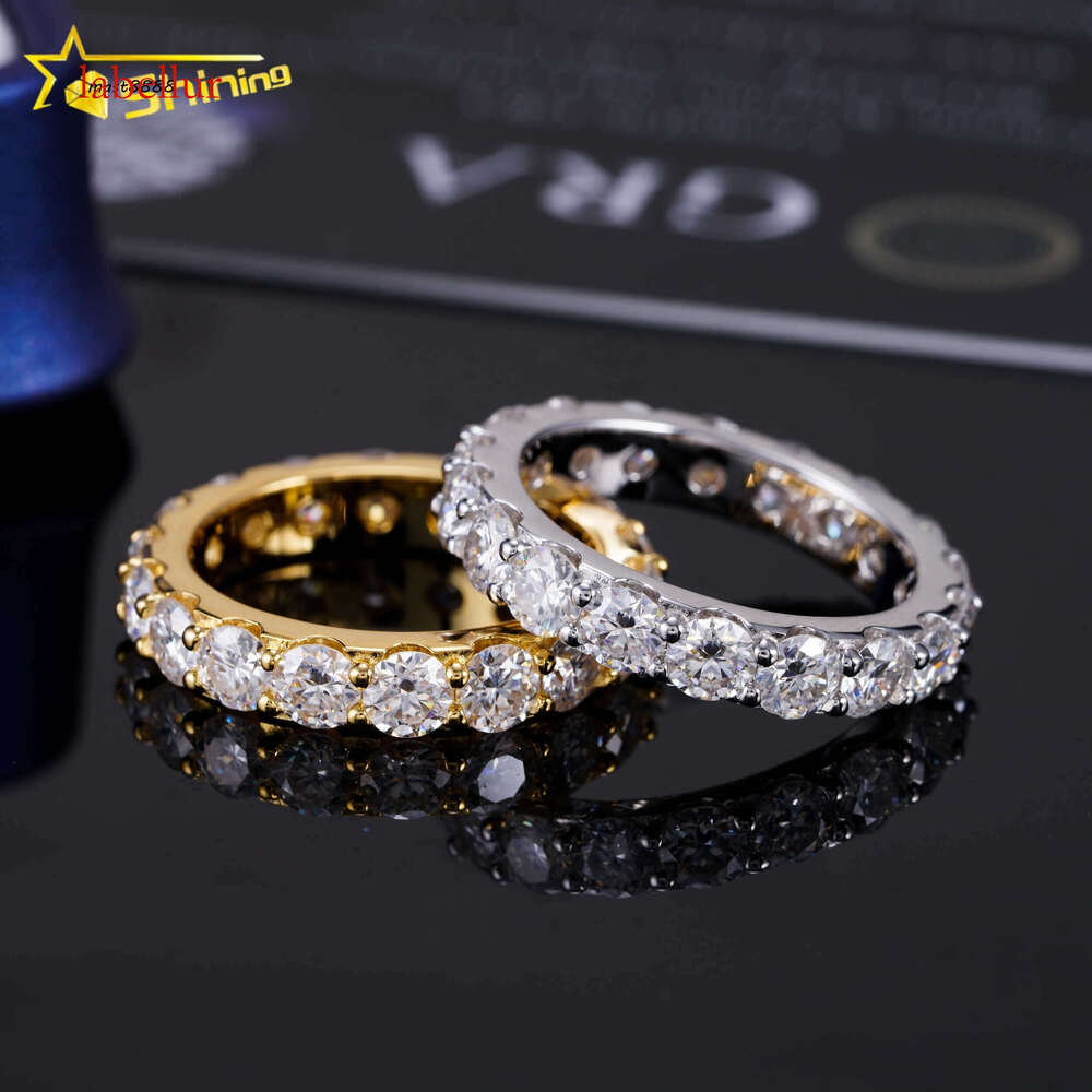 Sier 14K Gold Plated Women Jewelry Iced Out Classic Lab Grown Dia Engagement 4MM Moissanite Eternity Band Ring