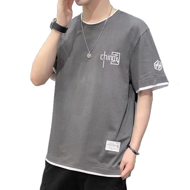 Summer Short Sleeve Men's T-shirt 2025 New Trendy Designer T-shirt Brand Ins Loose Fit Men's Fake Two-piece Casual Half Sleeve T-shirt