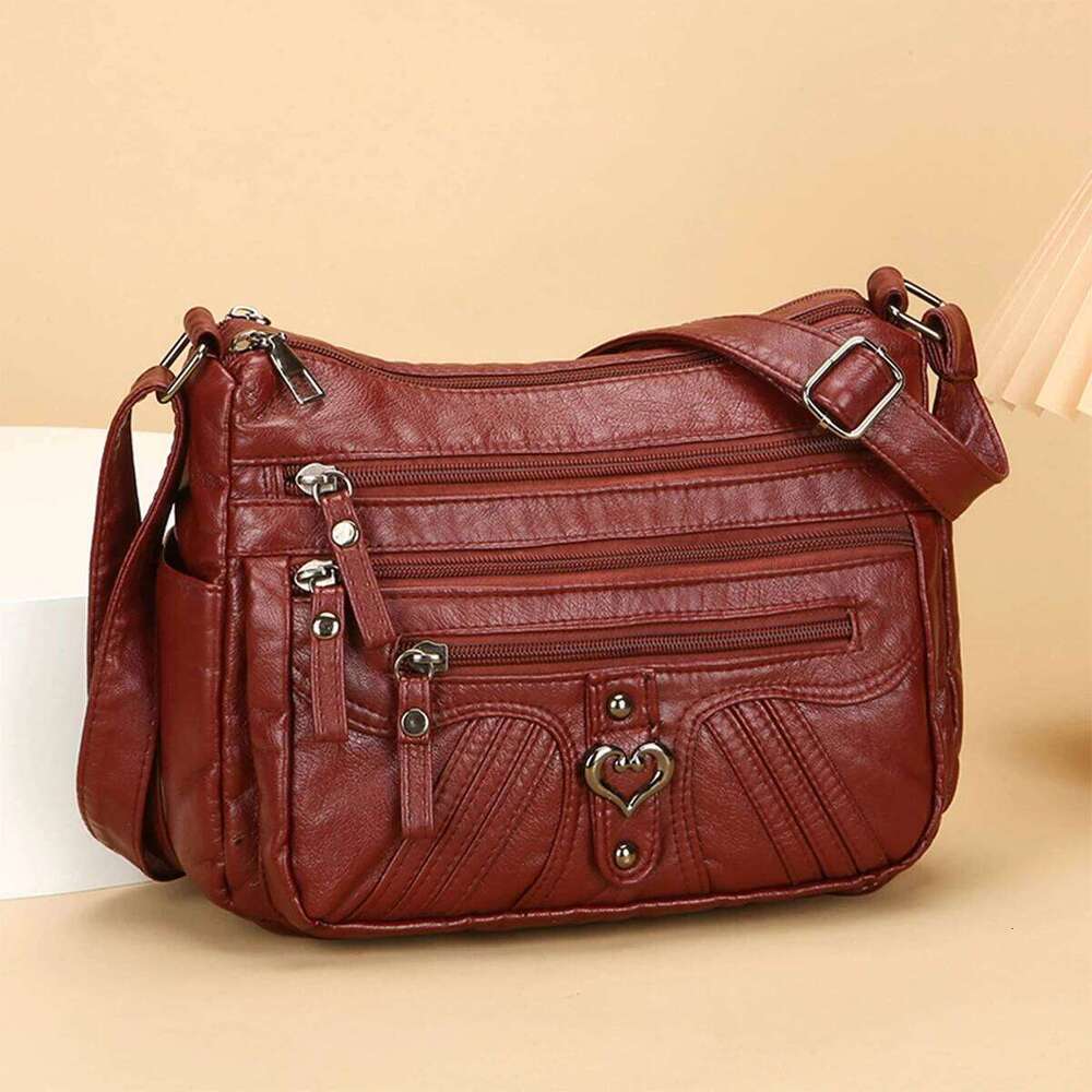 Retro Quilted Stripe Shoulder Bag Solid Color PU Purse Metal Heart Accent Spacious Organizer Zipper for Daily Use Essential