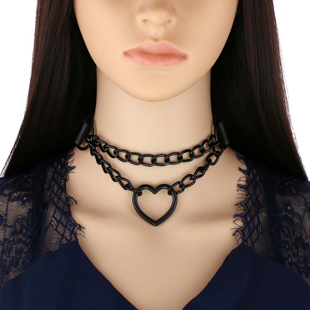 Stage Wear Harajuku PU Leather Heart Choker Black Chain Fashion Collarbone Necklace