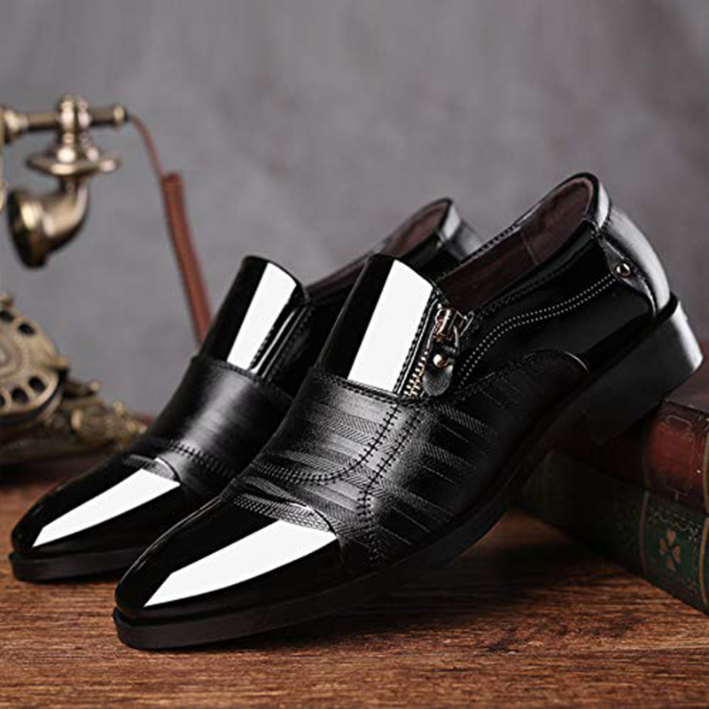 Men's Dress Shoes Oxford Shoes Zipper Formal Business Slip On Loafers Pointed Lightweight Casual Tuxedo Shoe For Men Father's Day Gift Black