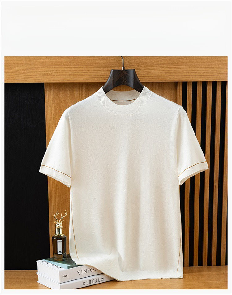 Designer's Summer Business Elastic Men's Knitted Short-sleeved Loose Casual Fine Wool Thin Top Half High-neck Basic T-shirt