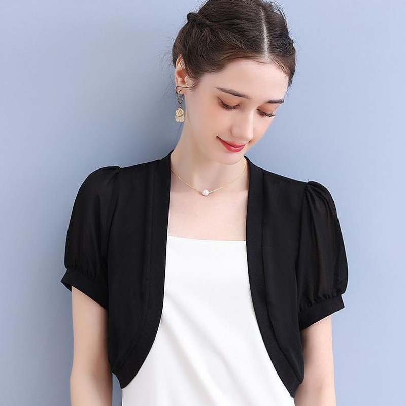 K1176 Chiffon thin women's summer shawl high waist short style small waistcoat short sleeve outer wear with skirt small jacket top