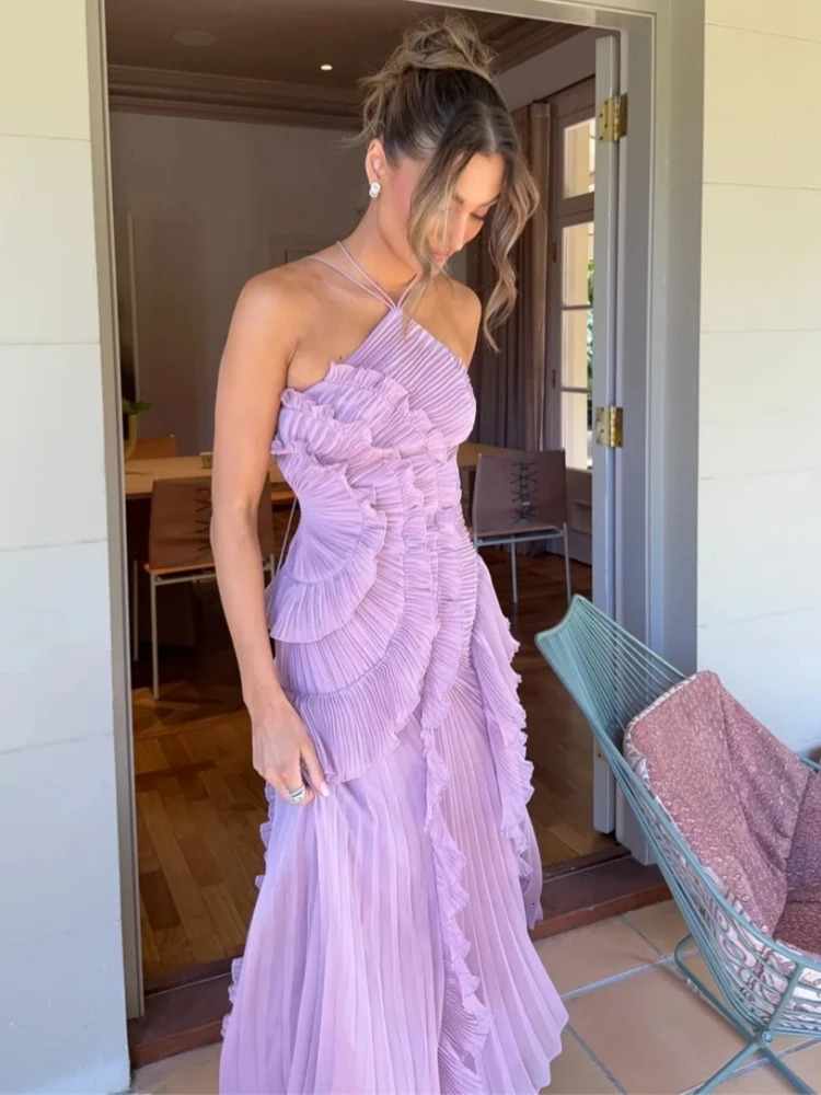 Fashoin Pleated Patchwork Sleeveless Summer Dress Women Elegant Halter Backless Split Maxi Dress Ladies Party Evening Dress 2025250624