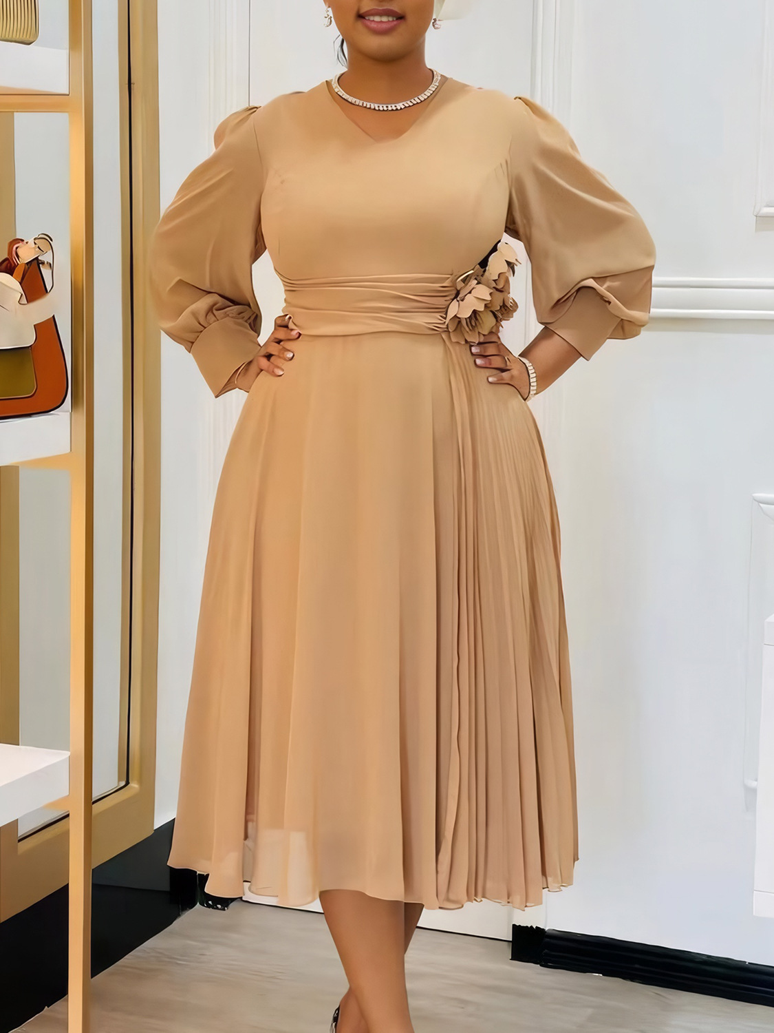 M6291European and American spring foreign trade fashion temperament elegant solid color A-line skirt large size cross-border dress