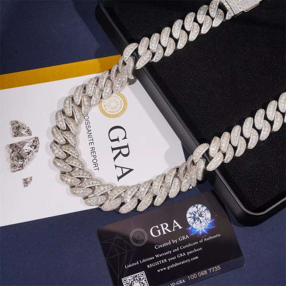 Exclusive VVS Moissanite 18K Gold Hip Hop Cuban Chain for Men 15mm Wide Bling Baguette Iced Out Necklace Moissanite Chain