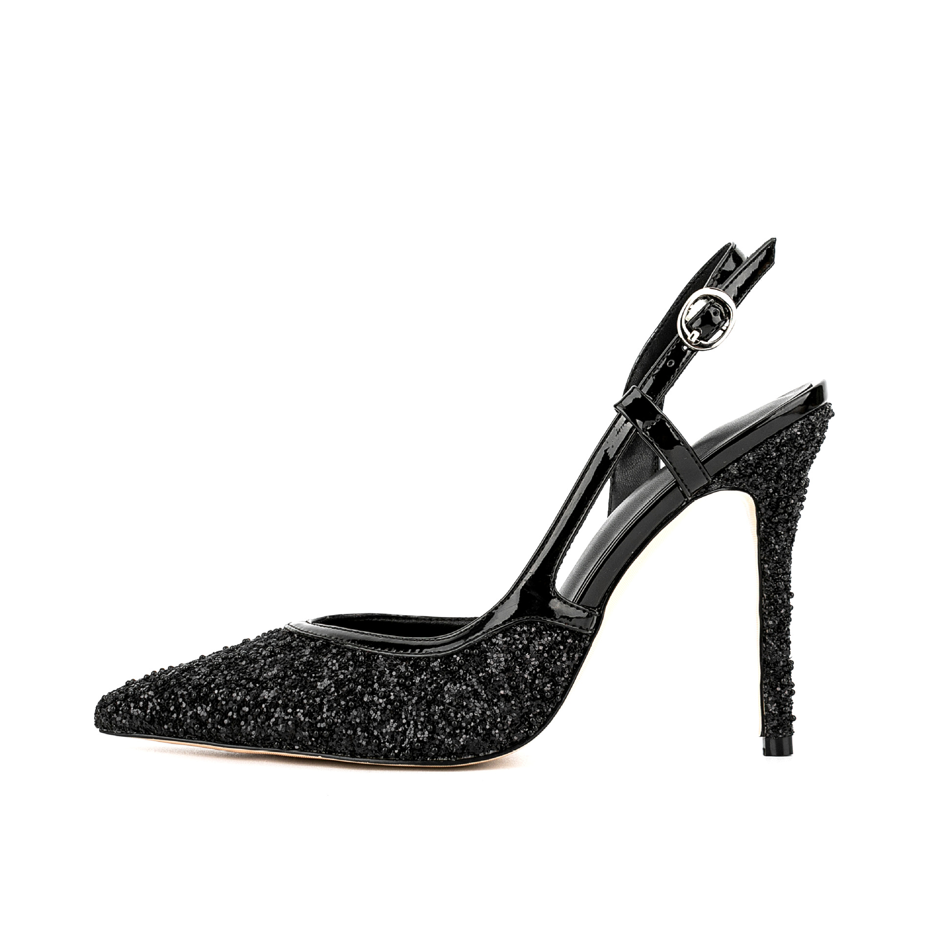 Women's Glitter Stiletto Evening Sandals - Pointed Toe Heels with Ankle Strap and Sequin Detail C260204