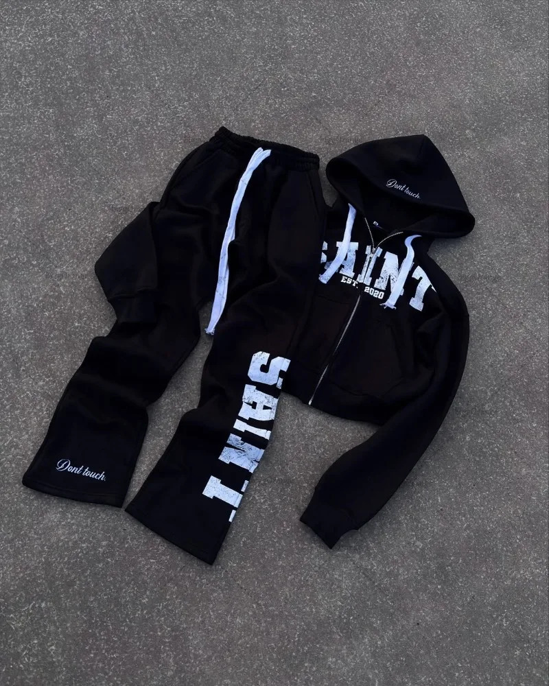 High Street Trendy Retro Letter Print Mens Sportswear Set Hip-Hop Punk Streetwear Hoodie Women Harajuku Casual Loose Sweatpants 250626