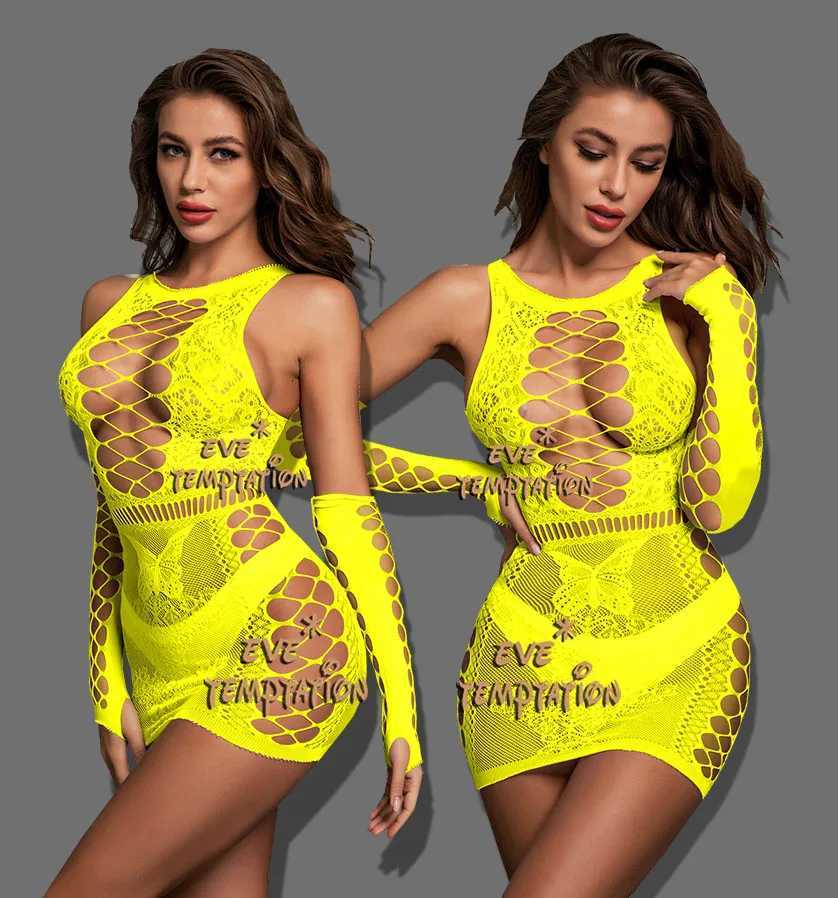Sexy crochet Fishnet Bodystockings Lingerie Babydoll Dress Underwear Tassels Chemises Cosplay Teddies Bodysuits + Gloves Q168 W250724