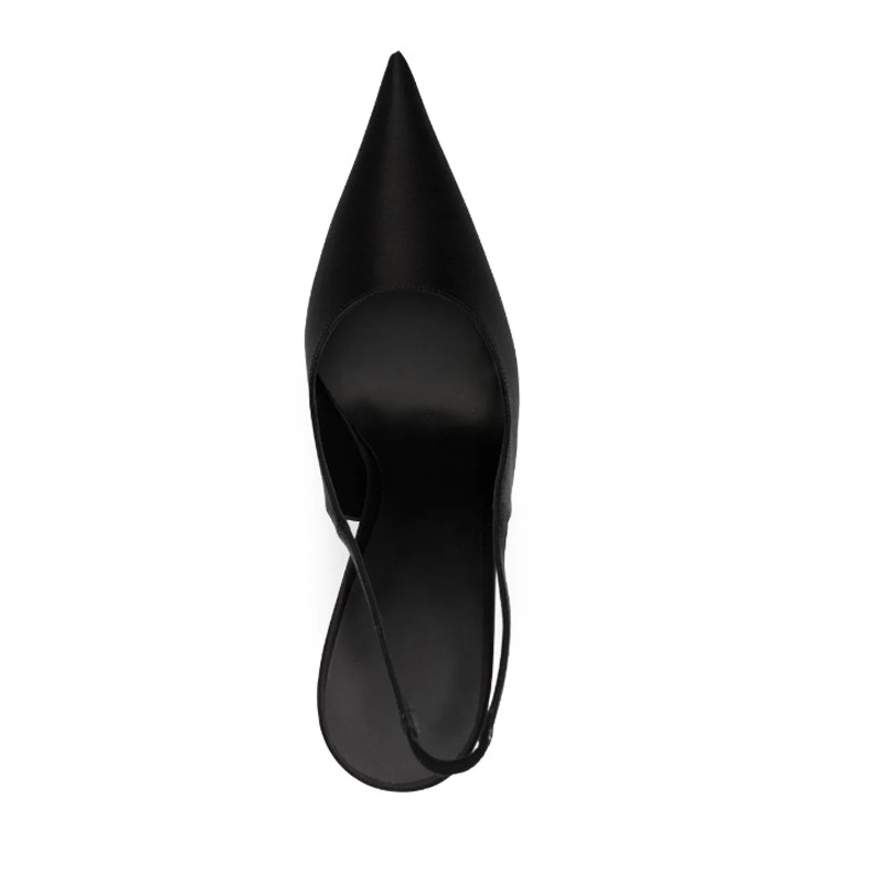 Women's Satin Pointed Toe Heels - Slim Steel Stiletto Open-Back Sandals, Adjustable Ankle Strap and Pull-On Design