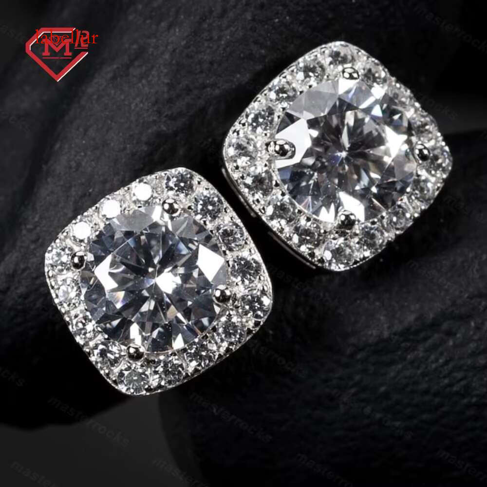 Daily men's earrings, hip-hop accessories, chilled square S sier Vvs round moissanite earrings