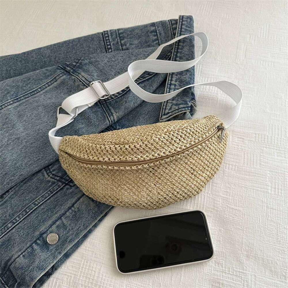 Beach Vacation Lightweight Crossbody Women's Hollow-Out Woven Chest Adjustable Strap for Resort Daily Straw Bag